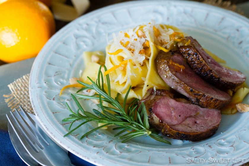Tagliatelle with Caramelized Orange and Almonds, plus Seared Duck Breast - Salty Sweet Life