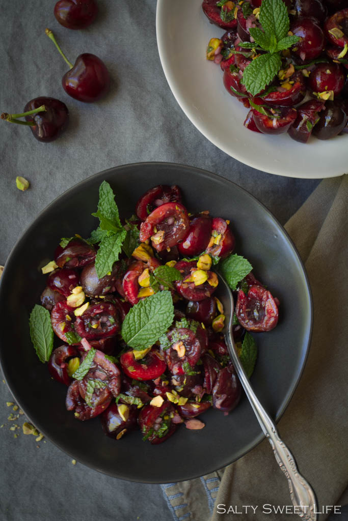 Sweet and Savory Cherry, Mint and Pistachio Salad - Salty Sweet Life